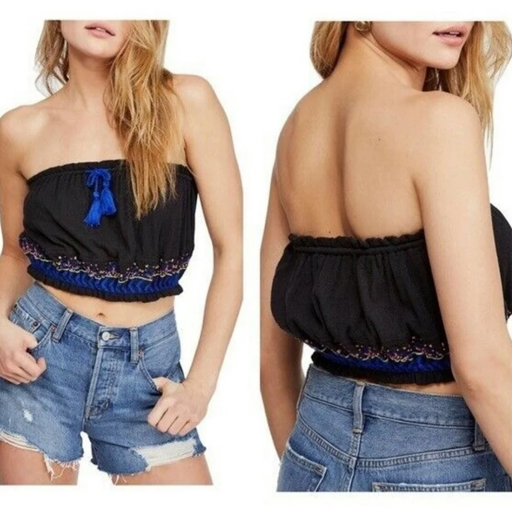 NWT Free People No More Tears Embroidered Front Tie Tassle Tube Bandeau Top Sz M